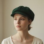 Femme portant une casquette gavroche velours vert bouteille, portrait lifestyle minimaliste
