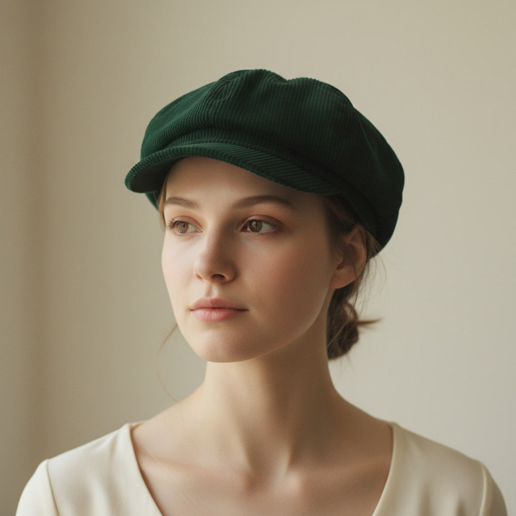 Femme portant une casquette gavroche velours vert bouteille, portrait lifestyle minimaliste