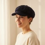 Femme portant casquette gavroche bleu marine velours côtelé