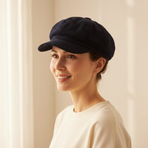 Femme portant casquette gavroche bleu marine velours côtelé