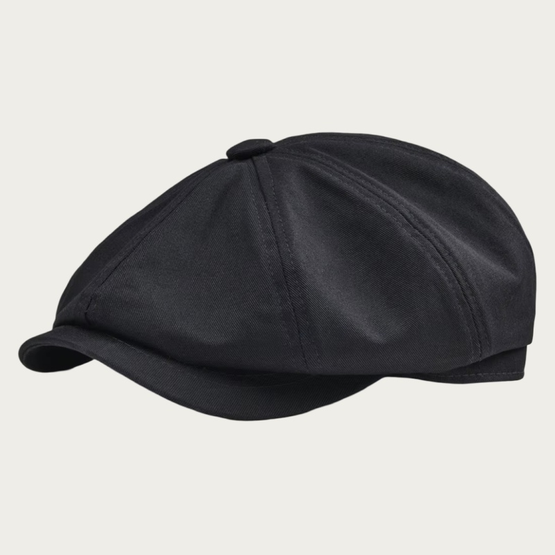 Casquette gavroche noire en coton sergé 8 panneaux avec visière courte