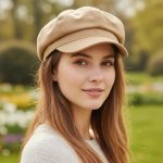 Femme portant une casquette gavroche beige camel, portrait lifestyle ambiance naturelle