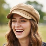 Femme portant une casquette gavroche beige camel, portrait lifestyle ambiance