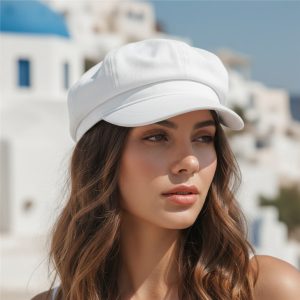 Femme portant une casquette gavroche blanche, portrait lifestyle ambiance estivale