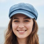 Femme portant une casquette gavroche bleu ciel, portrait lifestyle authentique lumière naturelle