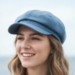 Femme portant une casquette gavroche bleu ciel, portrait lifestyle authentique souriante, lumière naturelle