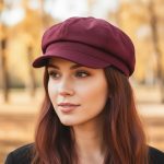 Femme portant une casquette gavroche bordeaux, portrait lifestyle ambiance automne