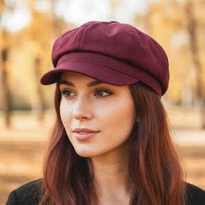 Femme portant une casquette gavroche bordeaux, portrait lifestyle ambiance automne