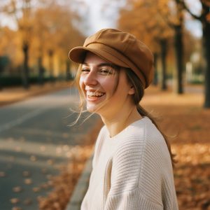 Femme portant une casquette gavroche caramel, portrait lifestyle authentique ambiance automne