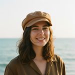 Femme portant une casquette gavroche caramel, portrait lifestyle authentique ambiance bord de mer