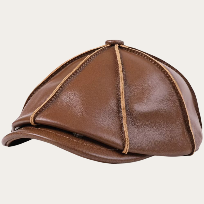 Casquette gavroche cuir vintage marron surpiqûres