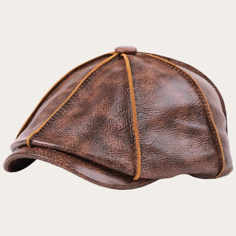 Casquette gavroche cuir vintage marron surpiqûres