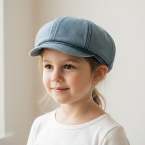 Fillette portant casquette gavroche denim lavé bleu clair