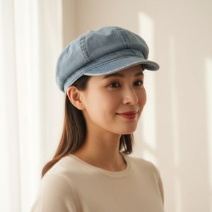 Femme portant casquette gavroche denim bleu ciel lavé
