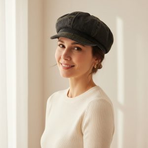 Femme portant casquette gavroche denim gris anthracite coutures jaunes