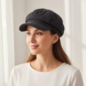 Femme portant casquette gavroche gris anthracite velours côtelé