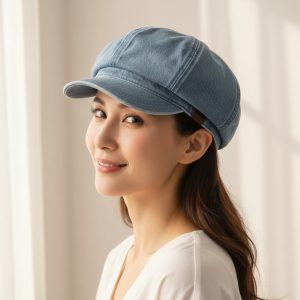 Femme portant casquette gavroche jean bleu ciel