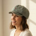 Femme portant casquette gavroche jean cœurs rouges brodés
