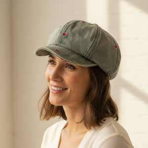 Femme portant casquette gavroche jean cœurs rouges brodés