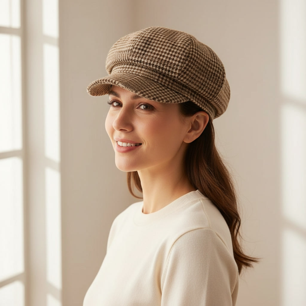 Femme portant casquette gavroche laine carreaux beige
