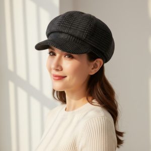 Femme portant casquette gavroche laine carreaux noir