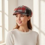 Femme portant casquette gavroche laine tartan rouge gris blanc