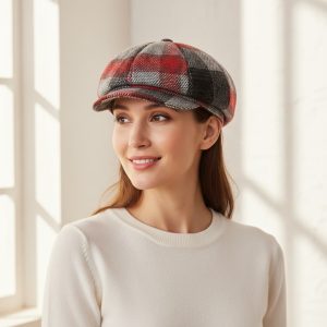 Femme portant casquette gavroche laine tartan rouge gris blanc