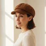 Femme portant casquette gavroche marron caramel velours