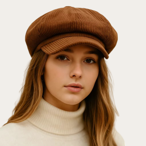Femme portant casquette gavroche marron caramel velours avec un regard confiant