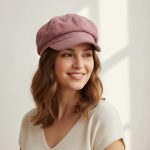 Femme portant casquette gavroche rose poudré velours côtelé