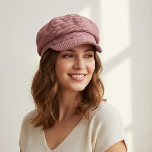 Femme portant casquette gavroche rose poudré velours côtelé