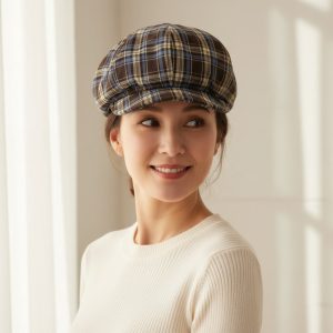 Femme portant casquette gavroche tissu carreaux