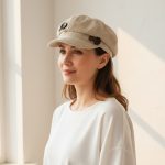 Femme portant casquette gavroche velours côtelé beige boutons