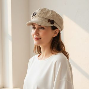 Femme portant casquette gavroche velours côtelé beige boutons