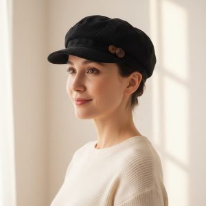 Femme portant casquette gavroche velours vintage noir
