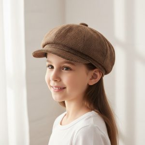 Fillette portant casquette gavroche marron