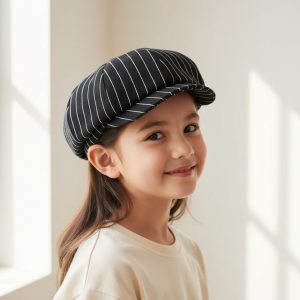 Fillette portant casquette gavroche noir rayures blanches