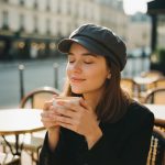 Femme portant une casquette gavroche gris foncé, portrait lifestyle en terrasse