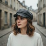Femme portant une casquette gavroche gris foncé, portrait lifestyle en balade
