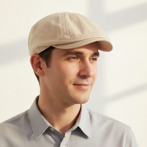 Homme portant casquette gavroche coton uni beige