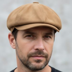 Homme portant casquette gavroche cuir daim camel