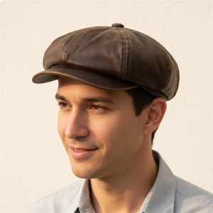 Homme portant casquette gavroche cuir vintage marron