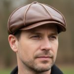 Homme portant casquette gavroche cuir vintage marron