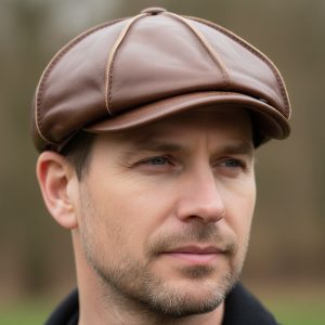 Homme portant casquette gavroche cuir vintage marron