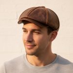 Homme portant casquette gavroche cuir vintage marron surpiqûres