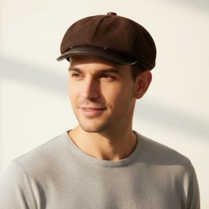 Homme portant casquette gavroche daim marron