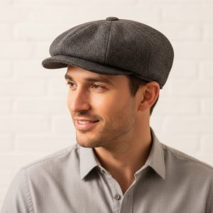 Homme portant casquette gavroche laine chevrons gris