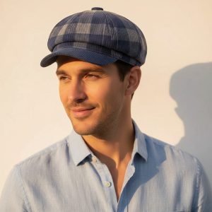 Homme portant casquette gavroche velours carreaux bleu