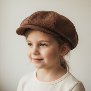 Fillette portant casquette gavroche laine mouchetée marron roux