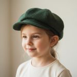 Fillette portant casquette gavroche laine mouchetée vert